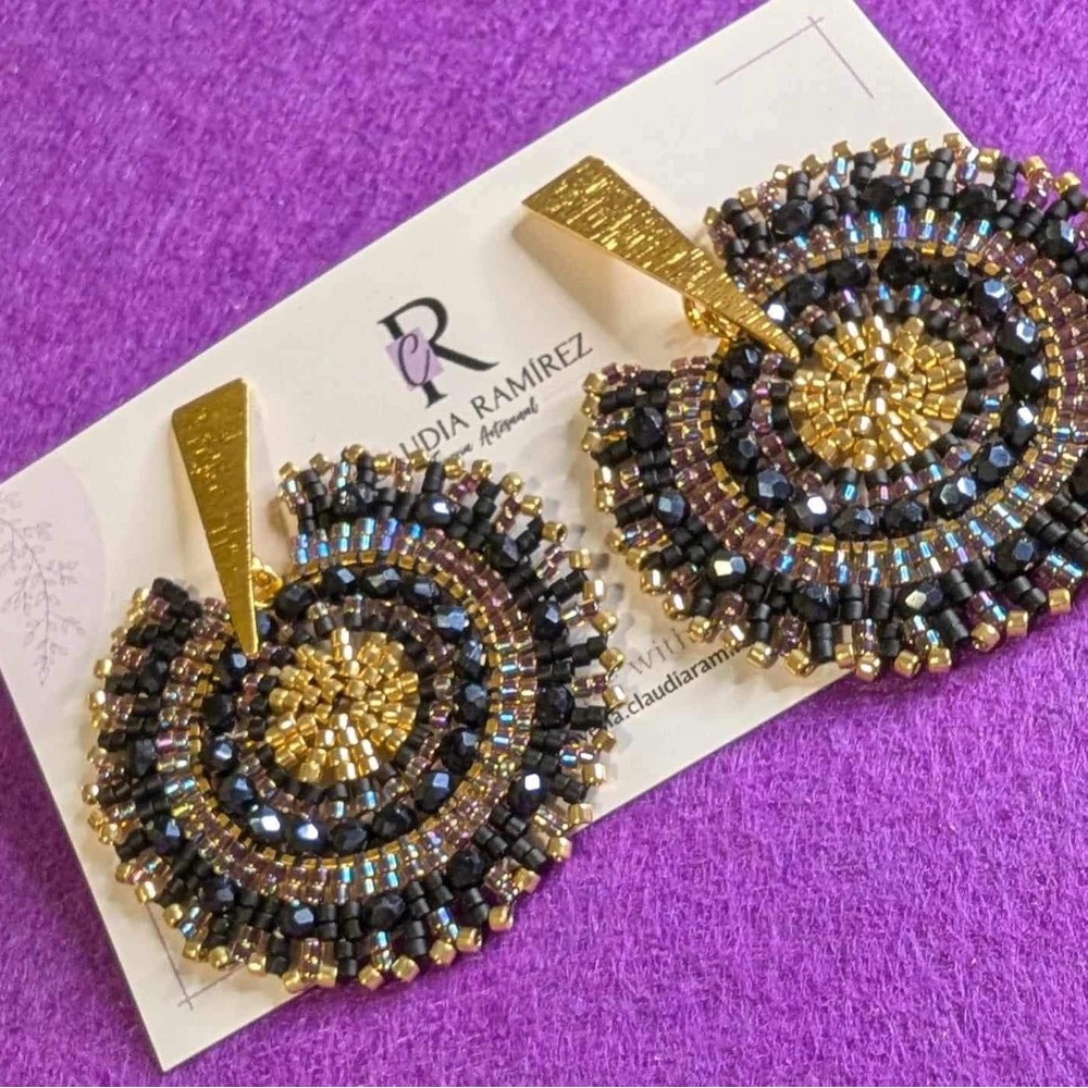 Gold and Black Beaded Earrings